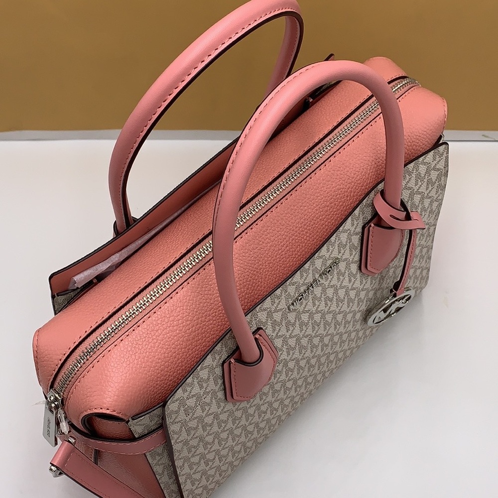 MICHAEL KORS MERCER MEDIUM TOP ZIP BELTED SATCHEL PRIMROSE VANILLA SIGNATURE - Picture 8 of 16